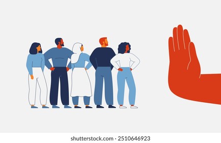 Discrimination in the workplace. Restricting or closing borders to global diversity and immigration. Human hand shows stop gesture for crowd of people. Vector illustration