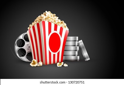 discs with film tape reel and popcorn vector illustration on the black background EPS10. Transparent objects used for shadows and lights drawing. Vector Illustration.