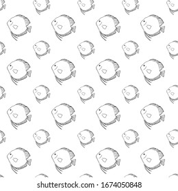 Discus fish seamless pattern. Hand drawing sketch. Black outline on white background. Vector illustration can be used in greeting cards, posters, flyers, banners, logo, further design etc. EPS10