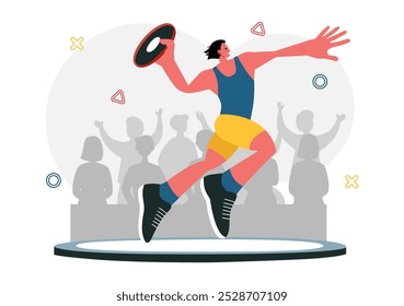 Discus Throw Athletics Vector Illustration featuring an Athlete Throwing a Wooden Disc in a Sports Championship with a Flat Style Cartoon Background