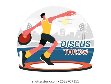 Discus Throw Athletics Vector Illustration featuring an Athlete Throwing a Wooden Disc in a Sports Championship with a Flat Style Cartoon Background