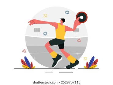 Discus Throw Athletics Vector Illustration featuring an Athlete Throwing a Wooden Disc in a Sports Championship with a Flat Style Cartoon Background