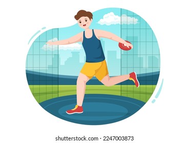 Discus Throw Schauspielkunst Illustration mit einem Holzschild in der Sportmeisterschaft Flachkartoon handgezeichnete Vorlagen