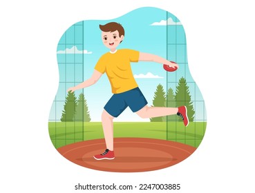 Discus Throw Playing Athletics Illustration with Throwing a Wooden Plate in Sports Championship Flat Cartoon Hand Drawn Templates