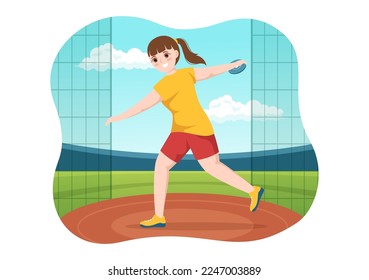 Discus Throw Playing Athletics Illustration with Throwing a Wooden Plate in Sports Championship Flat Cartoon Hand Drawn Templates