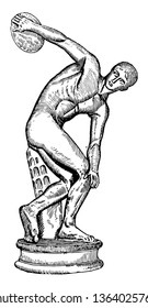 The Discus Thrower is a bronze statue, vintage line drawing or engraving illustration.