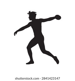 A discus thrower in mid action depicted as a black silhouette against a white background silhouette throw athlete
