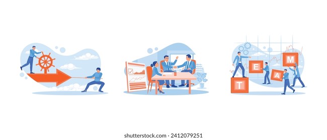 Discuss business ideas. Server Technician and IT Specialist. Programming on computers. Discuss Information concept. Set Flat vector illustration.