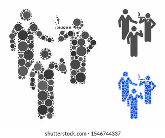 Discuss composition of round dots in various sizes and color tints, based on discuss icon. Vector round dots are combined into blue illustration. Dotted discuss icon in usual and blue versions.