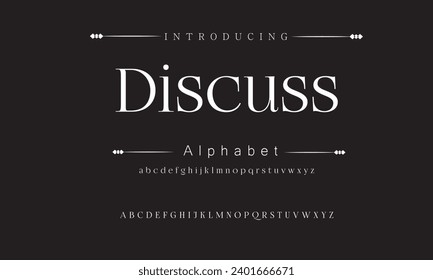 Discuss Elegant Font Uppercase Lowercase and Number. Classic Lettering Minimal Fashion Designs. Typography modern serif fonts regular decorative vintage concept. vector illustration