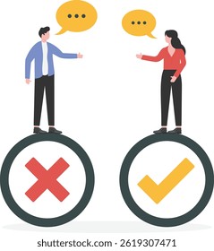 Discuta para obter uma solução para resolver o problema, conversa sobre debate ou conceito de teste, homem de negócios e mulher debatendo.