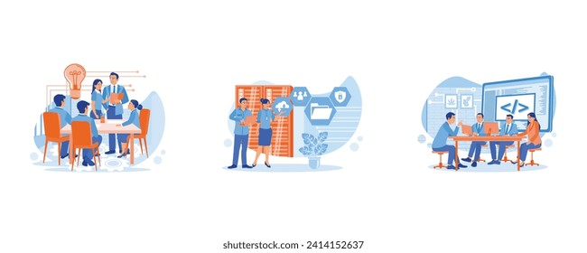 Discuss Information concept. Discuss new business ideas. Male IT specialist discussing with female server technician. Startup business problem solving. set flat vector modern illustration