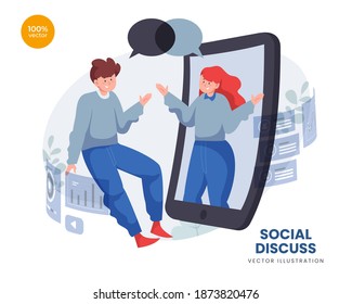 Discuss of social vector Illustration idea concept for landing page template, talking bubble persons concept. Online Expressing thoughts verbal. dialog communication abstract ide. Flat Styles