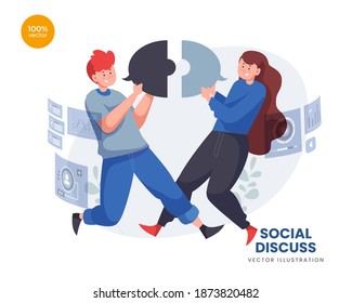 Discuss of social vector Illustration idea concept for landing page template, talking bubble persons concept. Expressing thoughts verbal. Online dialog communication abstract ide. Flat Styles