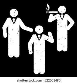 Discuss Standing Persons grainy textured icon for overlay watermark stamps. Flat symbol with dust texture. Dotted vector white ink rubber seal stamp with grunge design on a black background.