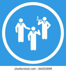 Discuss vector icon. Style is flat circled symbol, white color, rounded angles, blue background.