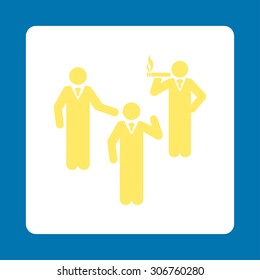 Discuss vector icon. This flat rounded square button uses yellow and white colors and isolated on a blue background.