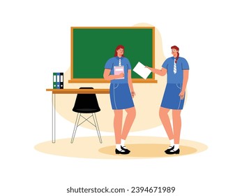 Discussing assignments from the teacher with classmates during free time, school vector illustration.