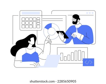 Discussing budget abstract concept vector illustration. IT company worker consulting client about budget, business development, project management, cost of services calculation abstract metaphor.