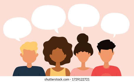 Discussing business people. Group of mans and womans discuss social network. Discussion of news. Speech bubble. Vector illustration.