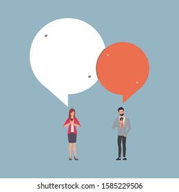 Discussing business people. Man and Woman talking on social media. Cartoon vector illustration in flat style.