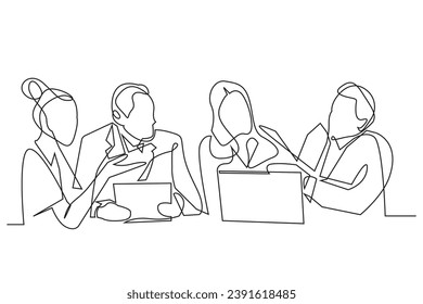 Diskussion über Firmenprobleme.Gruppendiskussion im Büro.Vektorgrafik durchgängige Linien einzeln auf weißem Hintergrund