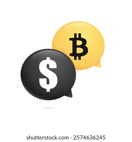 Discussing crypto and stock market. Two chat bubbles with dollar sign and bitcoin sign in financial conversation. Vector illustration.