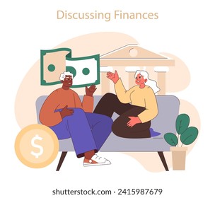 Discussing finances. Mature couple engaged in a lively conversation about money and savings. Financial planning in later life. Flat vector illustration