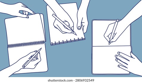 Discussing handwork while writing notes, blue sketch line illustration