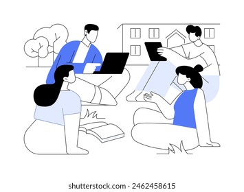 Discussing isolated cartoon vector illustrations. Group of college friends discussing plans outdoor, sitting on grass, university break, student lifestyle, campus daily routine vector cartoon.