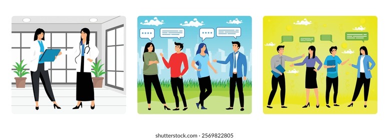 Discussing Patient Care. Speech Bubbles Representing Communication in Social Setting. Office Team Communication and Interaction. Set flat vector modern illustration 