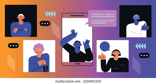 Discussing with people during video call artificial intelligence virtual reality vision headset innovation metaverse. Metaverse flat vector illustration.