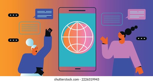 Discussing with people during video call artificial intelligence virtual reality vision headset innovation metaverse. Metaverse flat vector illustration.