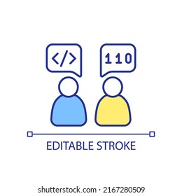 Discussing programming languages RGB color icon. Developer and technical specialist. Communication. Isolated vector illustration. Simple filled line drawing. Editable stroke. Arial font used