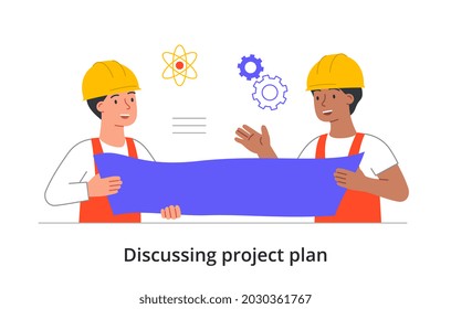 Discussing project plan concept. Male characters hold drawing of house in their hands and communicate. Employees discuss details of task. Cartoon flat vector illustration isolated on white background