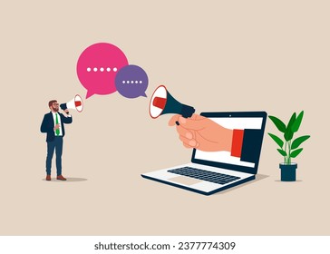Discutiendo el trabajo para reunirse con las burbujas de palabras. Ilustración vectorial plana