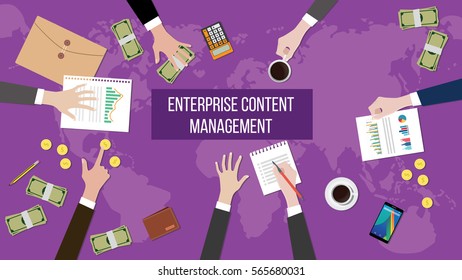 discussion about enterprise content management on a meeting table illustration with paperworks, money and document folder on top of table