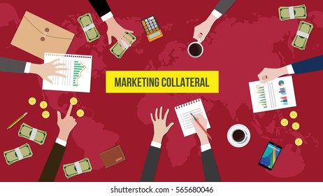 Discussion About Marketing Collateral On A Meeting Table Illustration With Paperworks, Money And Document Folder On Top Of Table