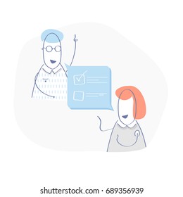Discussion about tasks, meeting, business dialog or result talking. Business concept illustration of two cartoon business people talking to each other about solving the problem.