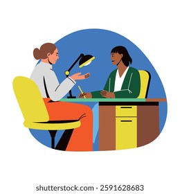 A discussion between client and beauty consultant, flat style illustration