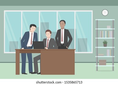 Discussion between colleagues. Office routine. Vector illustration.
