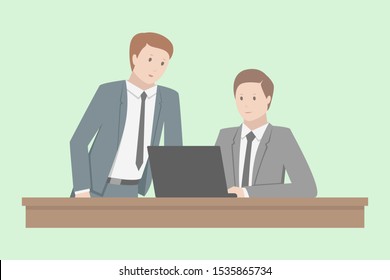 Discussion between two Caucasian men. Co-working. Vector illustration.