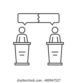 discussion between two speakers. concept of pr meeting, 2016 usa voting, duel, dialog, man figure, vs, polemic, senator primaries, podium. flat style black logo design illustration on white background