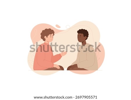 A discussion between two young men sitting opposite each other. The overall style is minimalist, friendly, and collaborative, suggesting themes of communication, advice, counseling, or friendship.