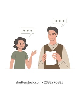 Discussion between young woman and nice man at work. Dialogue of office worker. Cute cartoon people talking.