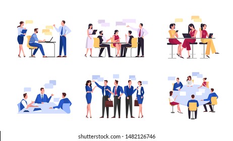 Discusión e intercambio de ideas en el concepto de equipo. Grupo de empresarios en el trabajo, reunión de oficina. Comunicación profesional. Ilustración vectorial aislada en estilo caricaturista