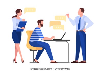 Discussion and brainstorming in team concept. Group of business people at work, office meeting. Professional communication. Isolated flat vector illustration