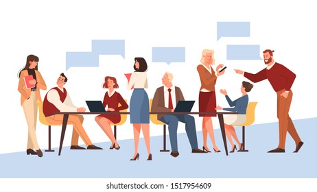 Discussion and brainstorming in team concept. Group of business people at work, office meeting. Professional communication. Isolated flat vector illustration