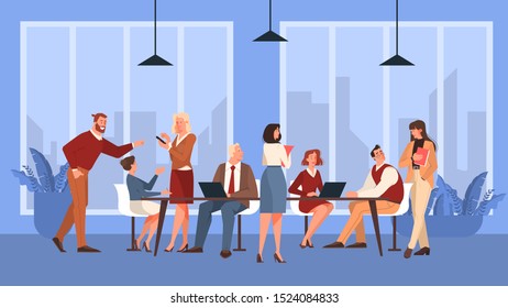 Discussion and brainstorming in team concept. Group of business people at work, office meeting. Professional communication. Isolated flat vector illustration