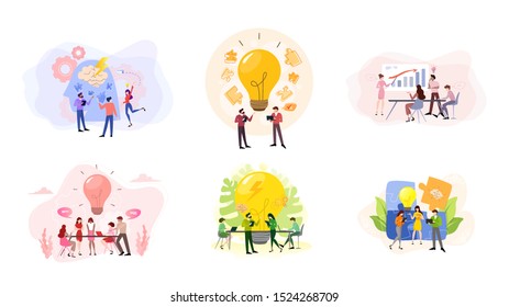 Discussion and brainstorming in team concept. Group of business people at work, office meeting. Professional communication. Isolated flat vector illustration